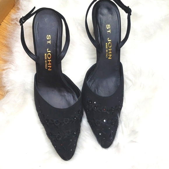 St. John Black Embellshed fabric low slingback Heels 7.5AA - Picture 1 of 10